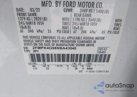 2022 Ford Edge Se z USA, uszkodzony, nr VIN 2FMPK4G98NBA43040
